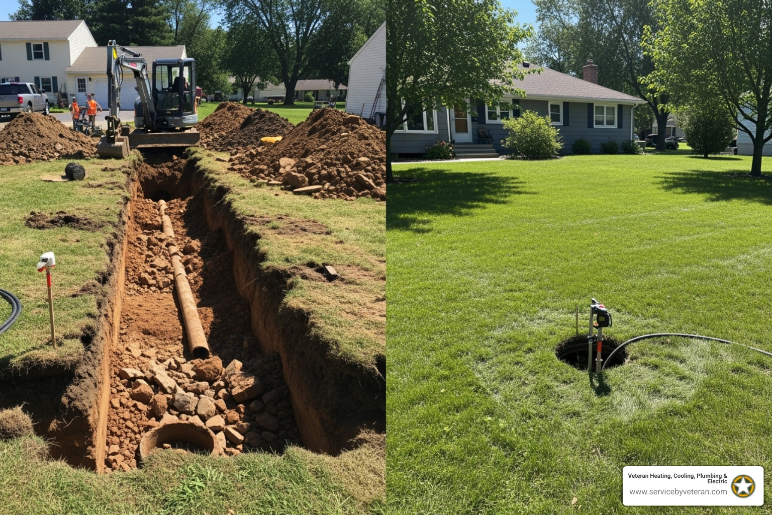 comparación lado a lado de un jardín excavado para reparación tradicional versus un jardín con mínima interrupción de la reparación sin zanja - servicio de reparación de alcantarillado
