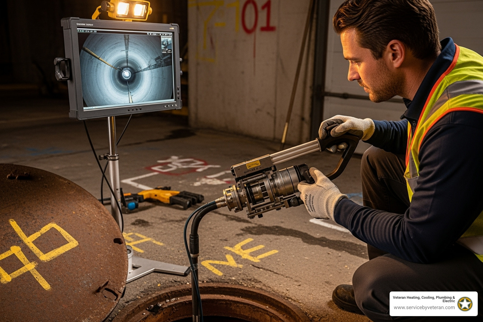 technician performing a video camera inspection of a sewer line - sewer repair service