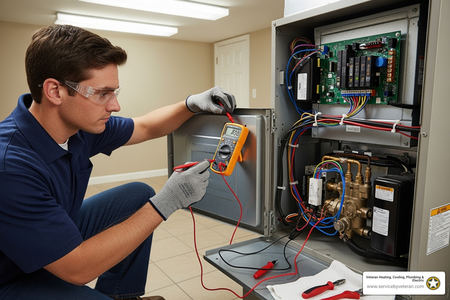 Un técnico certificado usando un multímetro para probar conexiones eléctricas dentro de una unidad de caldera abierta, destacando la precisión y la seguridad - servicio de caldera