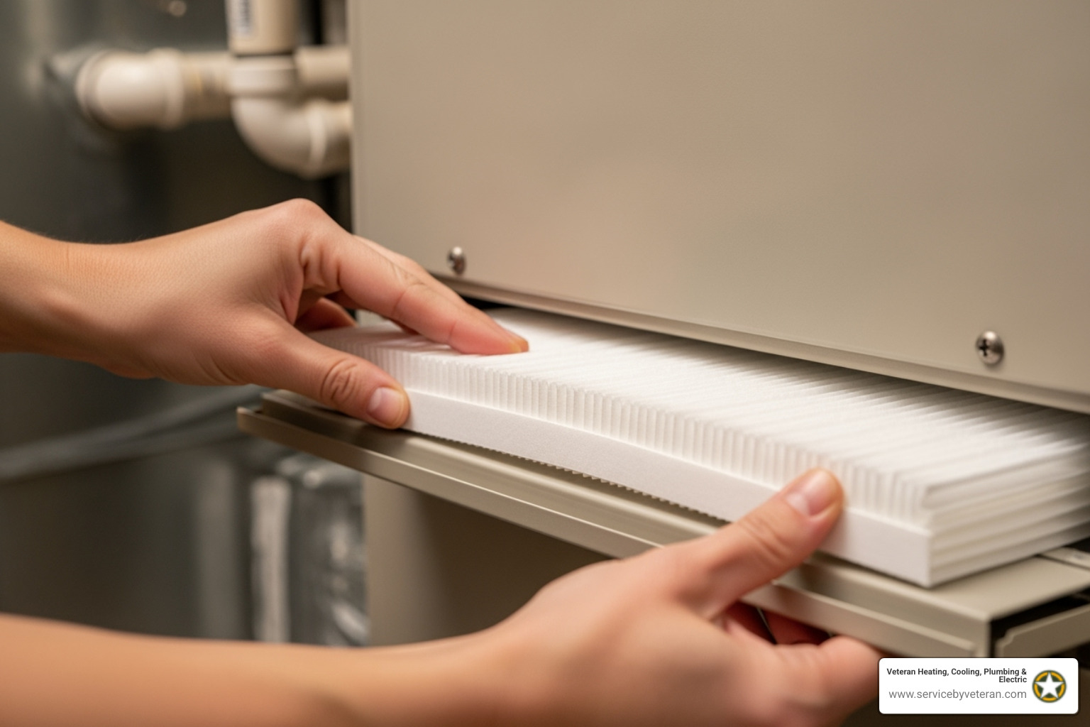 A close-up image of a homeowner easily sliding a new, clean air filter into the designated slot of a residential furnace unit, emphasizing simplicity and accessibility. - furnace service