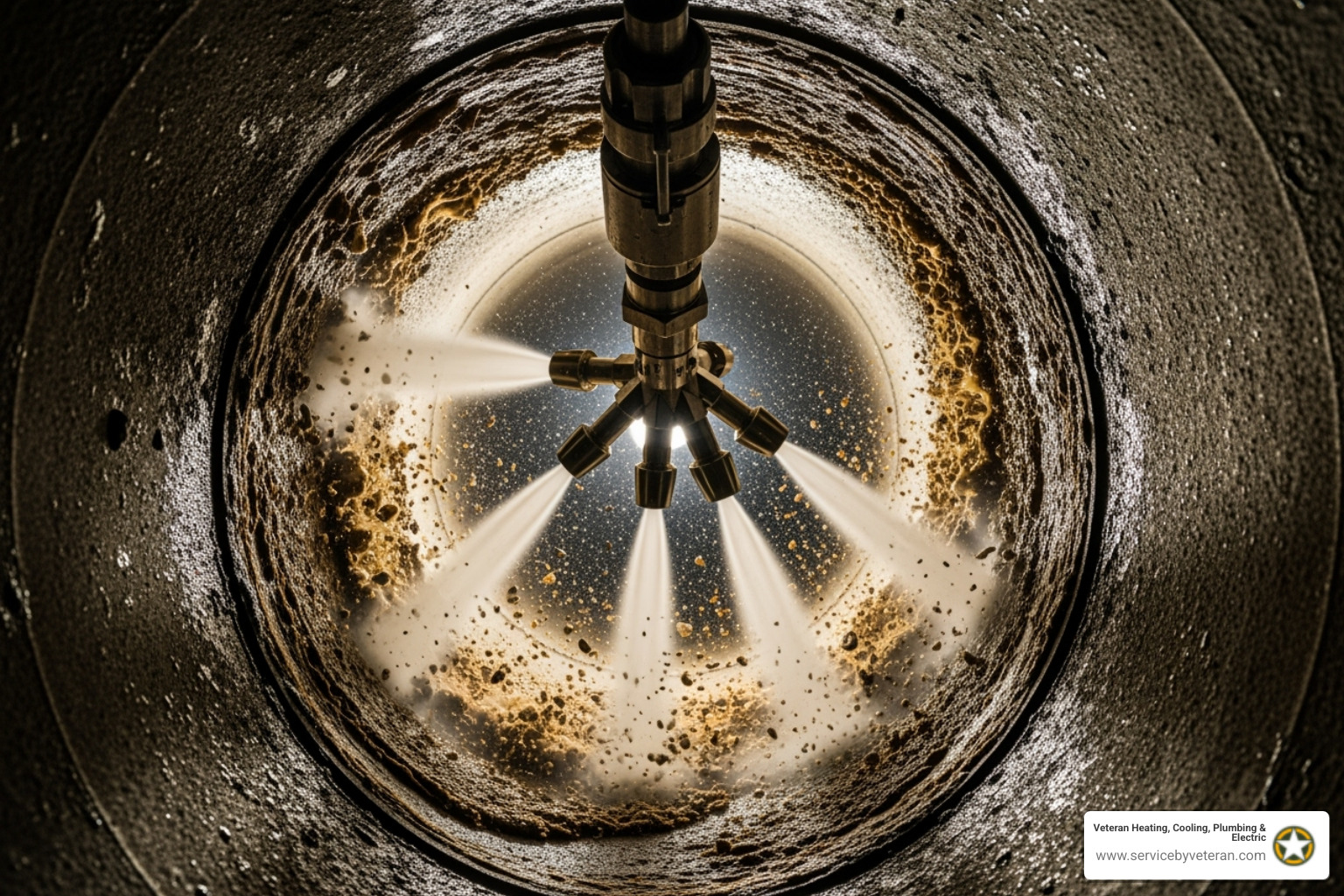 boquilla de hidrojet en acción - limpieza de línea de alcantarillado