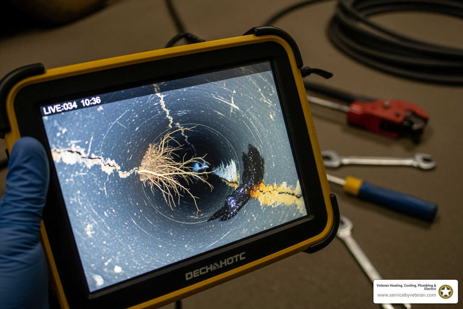 sewer camera inspection on a monitor - sewer line cleaning