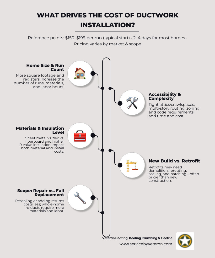 Infographic summarizing cost drivers: home size, run count, material type, accessibility, zoning, code requirements - ductwork installation service infographic infographic-line-5-steps-neat_beige