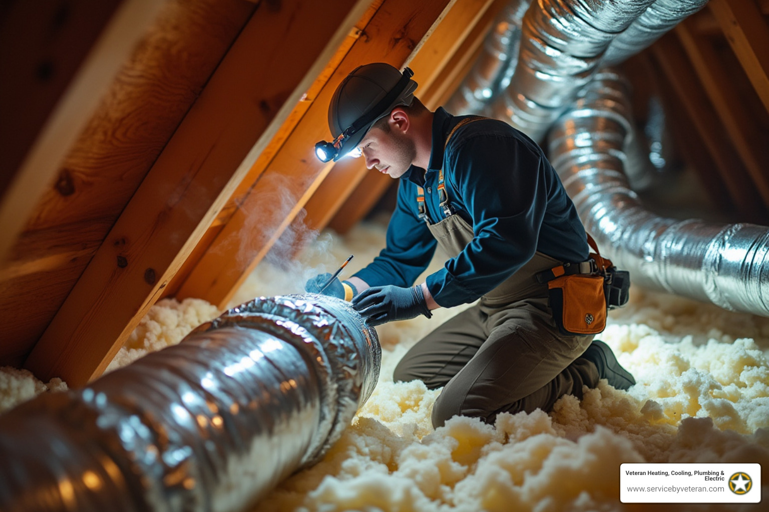 technician inspecting leaky ductwork in attic - ductwork installation service