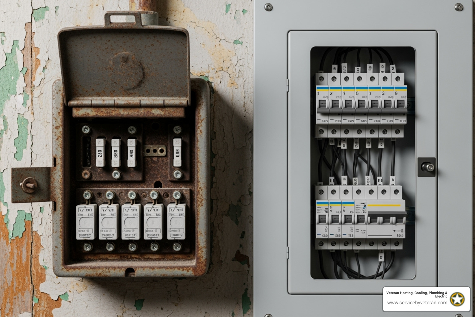old rusty fuse box next to new circuit breaker panel - electrical panel upgrade lakewood
