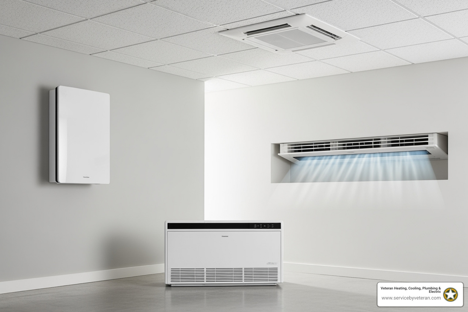 Various indoor unit types: wall-mounted, floor-mounted, ceiling cassette, and concealed ducted - ductless heating and cooling Various indoor unit types: wall-mounted, floor-mounted, ceiling cassette, and concealed ducted - ductless heating and cooling