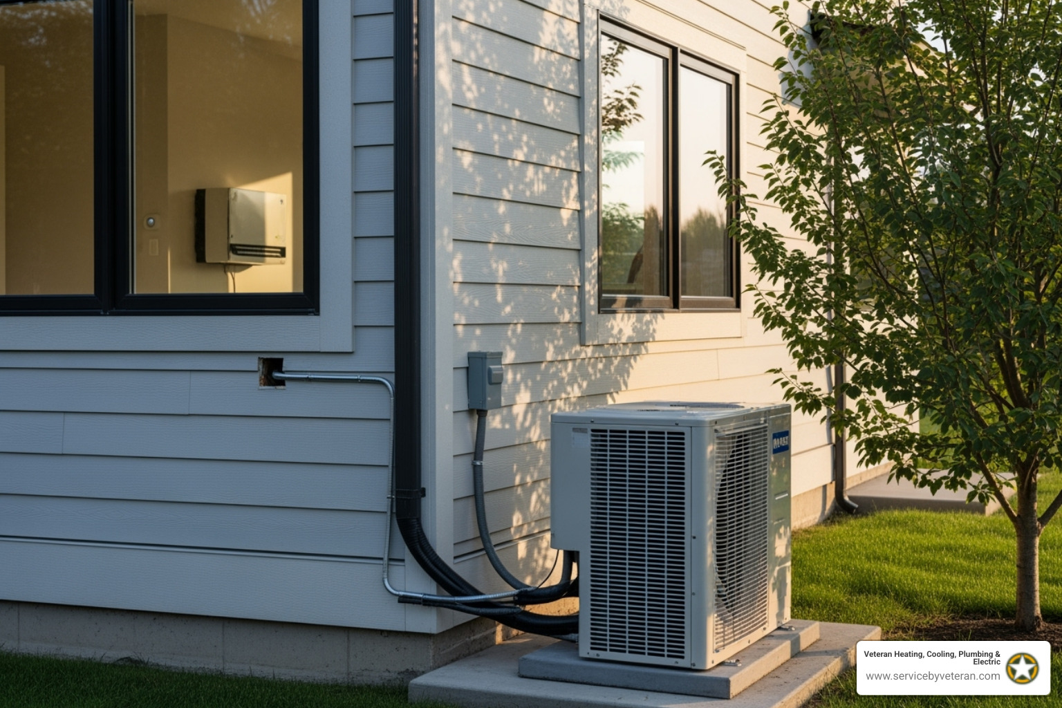 Outdoor unit connected to an indoor unit via a conduit through a wall - ductless heating and cooling Outdoor unit connected to an indoor unit via a conduit through a wall - ductless heating and cooling