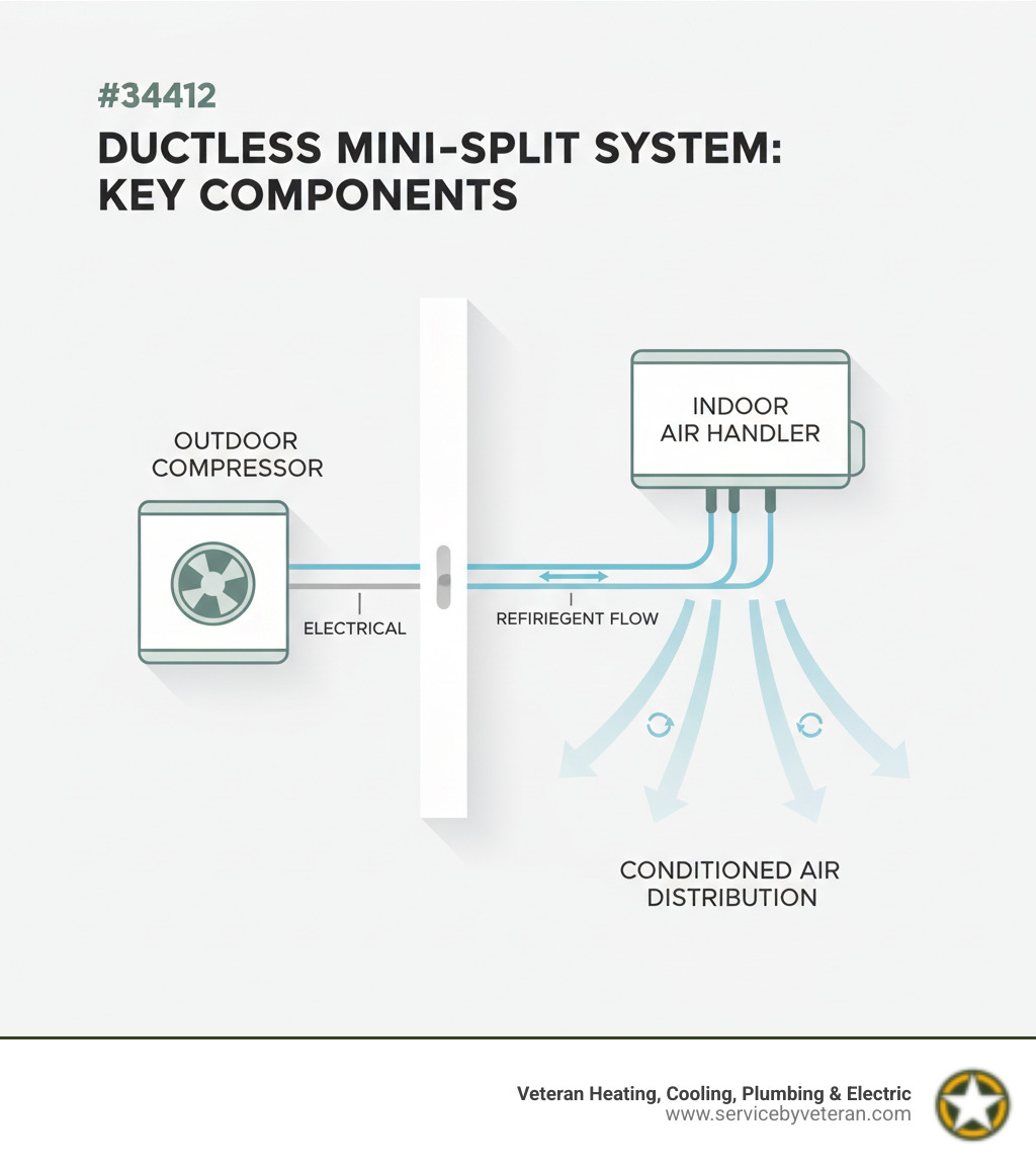 Infographic showing the key components of a ductless mini-split system: an outdoor compressor unit connected via refrigerant lines and electrical wiring through a small wall penetration to an indoor air handler mounted on the wall, with arrows indicating the flow of refrigerant and conditioned air distribution throughout the room - ductless heating and cooling infographic Infographic showing the key components of a ductless mini-split system: an outdoor compressor unit connected via refrigerant lines and electrical wiring through a small wall penetration to an indoor air handler mounted on the wall, with arrows indicating the flow of refrigerant and conditioned air distribution throughout the room - ductless heating and cooling infographic