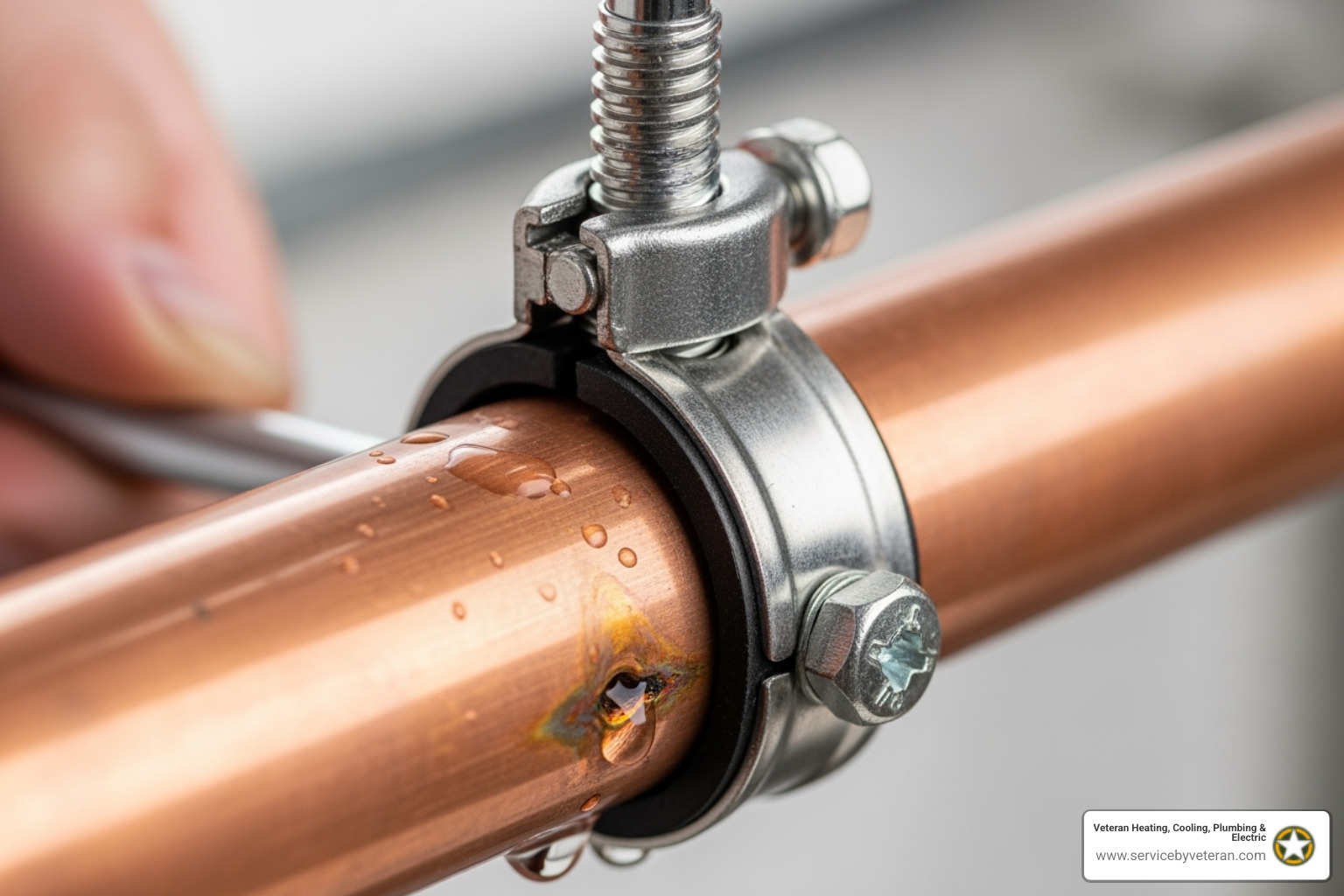 of a pipe clamp being applied to a copper pipe - pipe repair of a pipe clamp being applied to a copper pipe - pipe repair