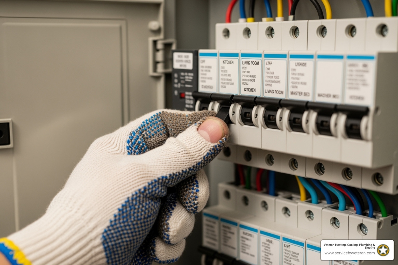 circuit breaker panel with a hand flipping a switch - emergency water heater repair circuit breaker panel with a hand flipping a switch - emergency water heater repair