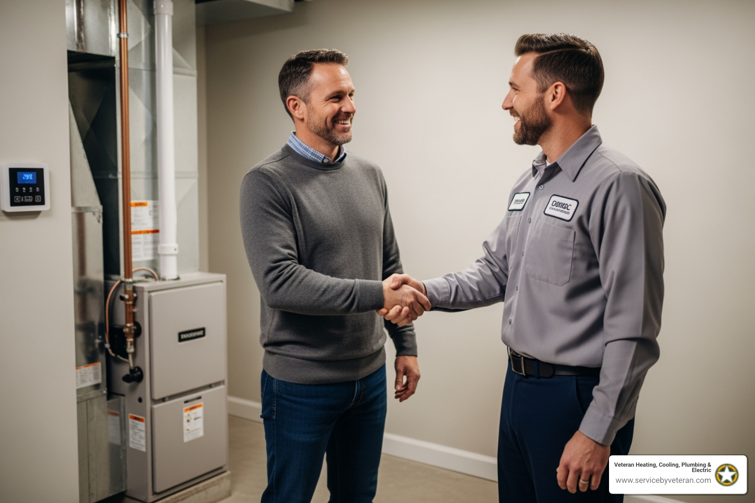 A certified technician shaking hands with a happy homeowner after a successful furnace replacement, signifying trust and satisfaction. - It's time for a furnace replacement. What are the best companies for that in Arvada?
