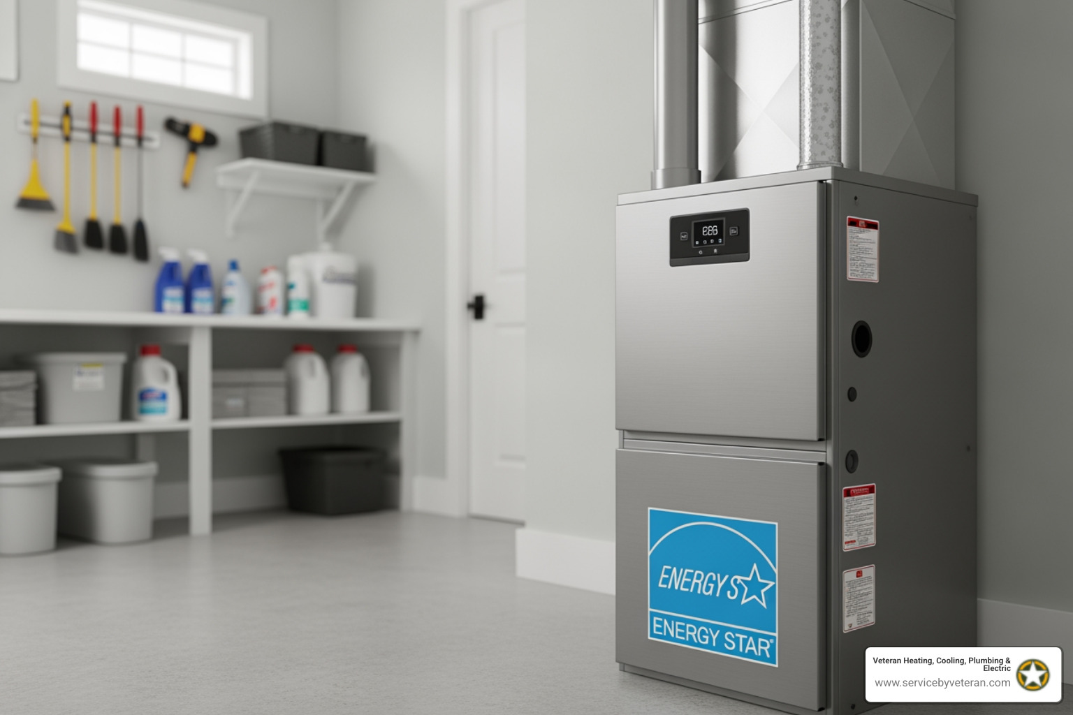 An ENERGY STAR logo prominently displayed next to a sleek, modern furnace, emphasizing energy efficiency. - It's time for a furnace replacement. What are the best companies for that in Arvada?