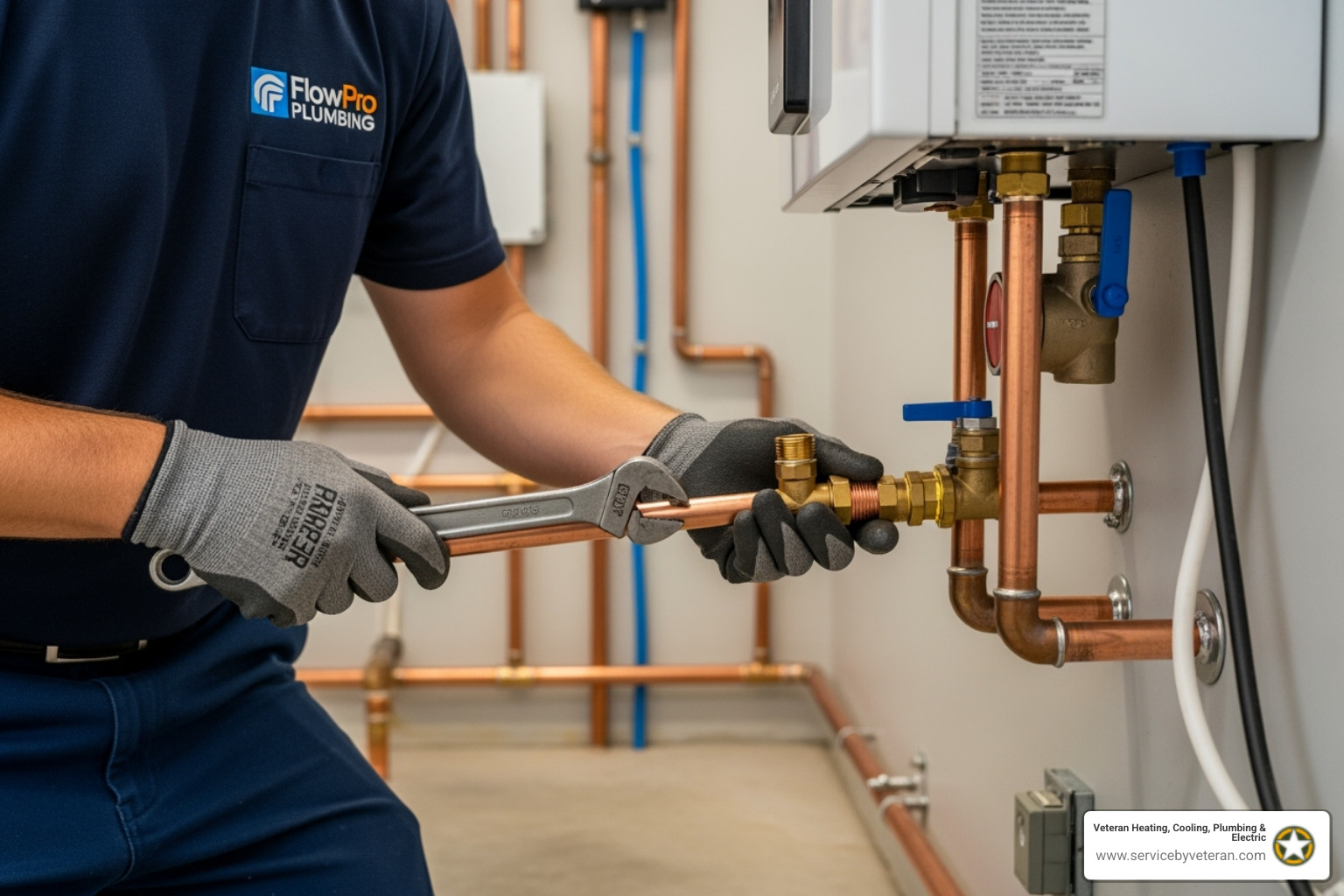 technician connecting copper pipes to a newly mounted tankless water heater - on demand water heater installation