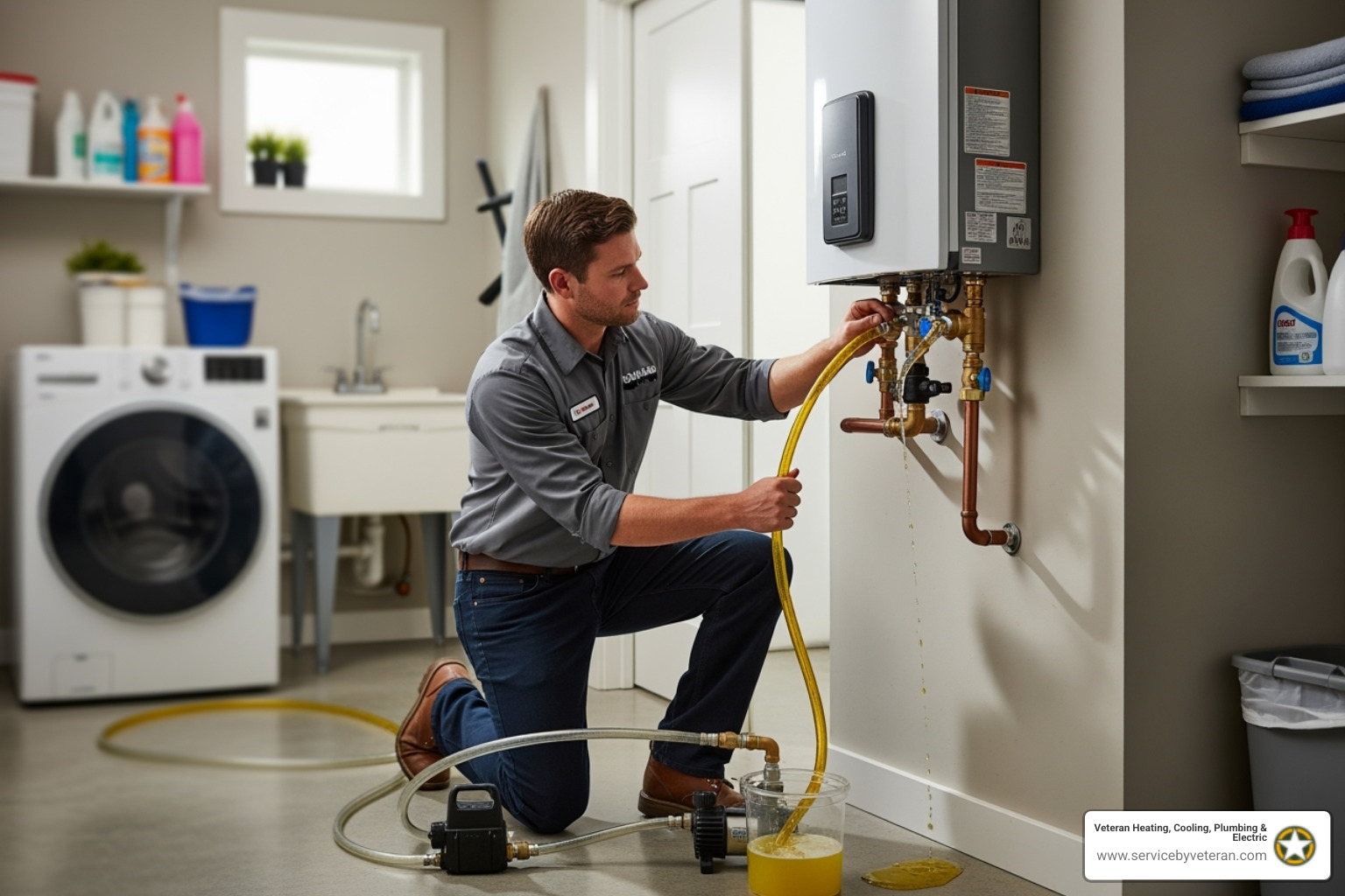 technician performing a descaling flush on a tankless water heater - on demand water heater installation