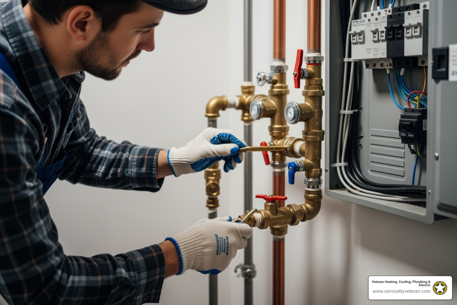 plumber assessing gas lines and electrical panel - on demand water heater installation