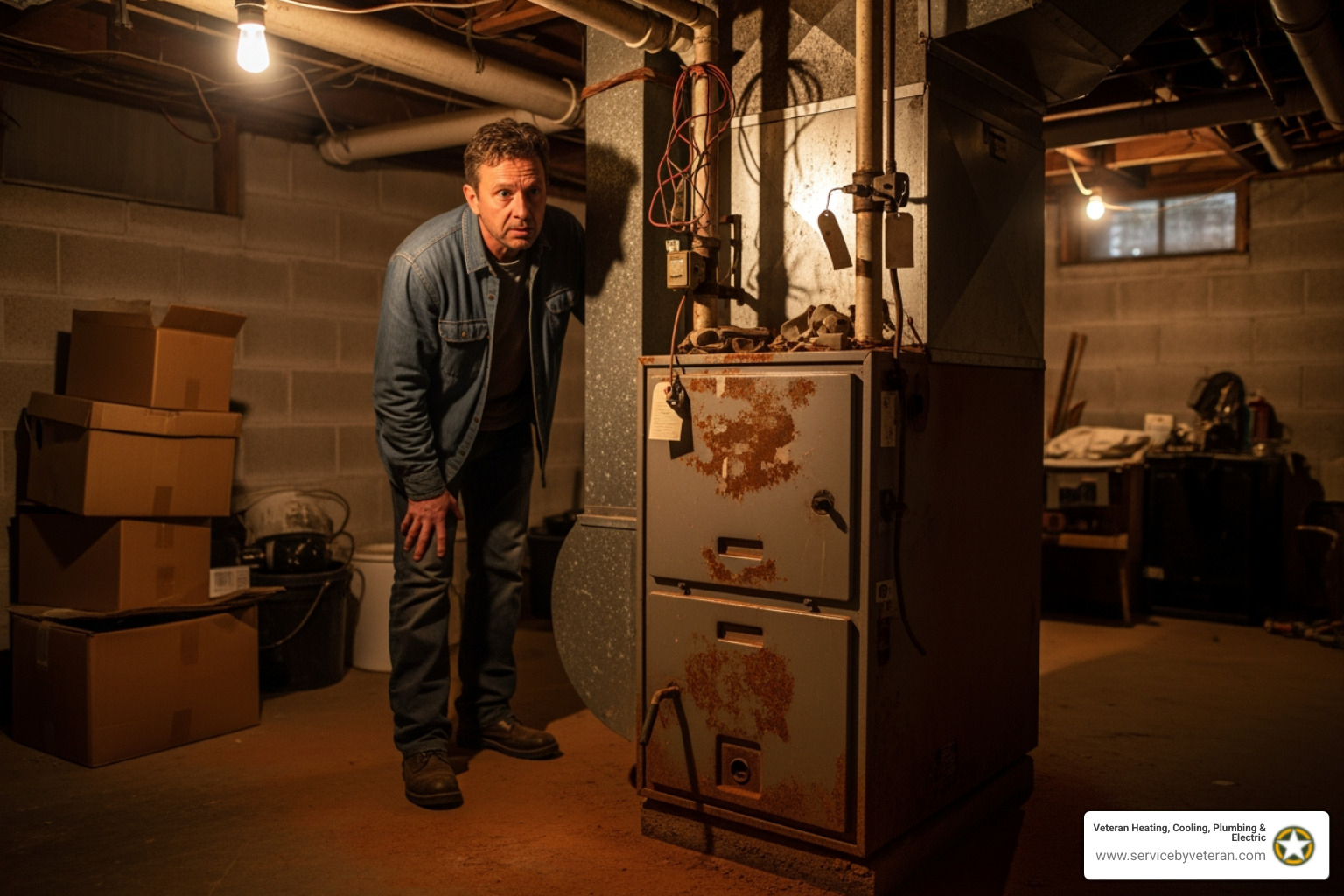 A homeowner looking concerned at an old, rusty furnace in a dimly lit basement, highlighting the need for replacement - furnace installation Denver