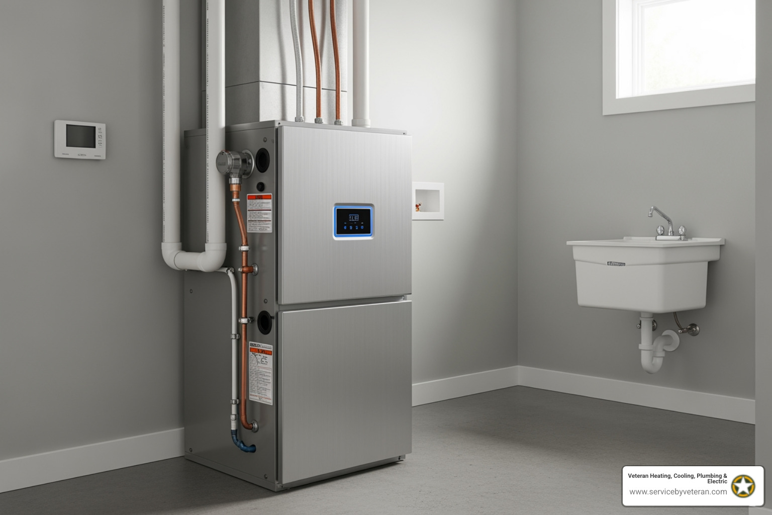 A sleek, modern, silver high-efficiency furnace unit stands in a clean utility room, symbolizing advanced home heating technology. - furnace installation Denver
