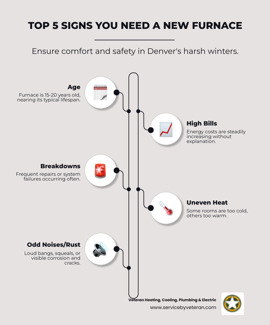 Infographic showing the top 5 signs you need a new furnace: furnace age over 15-20 years, rising energy bills, frequent breakdowns and repairs, uneven heating throughout the home, and strange noises or visible rust - furnace installation Denver infographic infographic-line-5-steps-elegant_beige