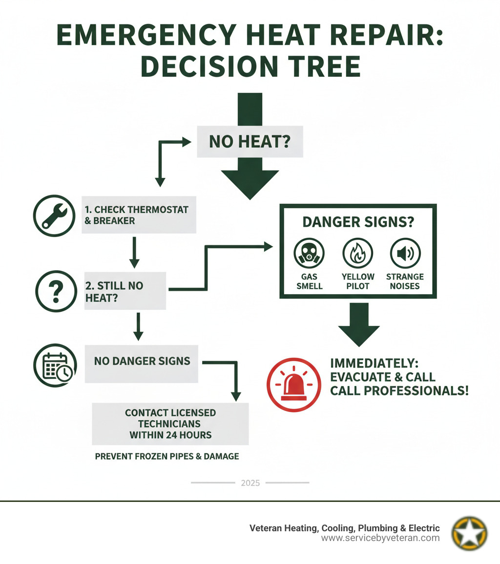 Infographic showing emergency heating repair decision tree: Check thermostat and breaker first, then look for danger signs like gas smell, yellow pilot light, or strange noises. If any danger signs present, evacuate and call professionals immediately. For non-dangerous failures, contact licensed technicians within 24 hours to prevent frozen pipes and further damage. - emergency heating repair infographic Infographic showing emergency heating repair decision tree: Check thermostat and breaker first, then look for danger signs like gas smell, yellow pilot light, or strange noises. If any danger signs present, evacuate and call professionals immediately. For non-dangerous failures, contact licensed technicians within 24 hours to prevent frozen pipes and further damage. - emergency heating repair infographic