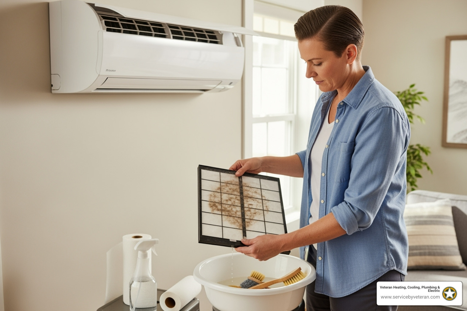 A homeowner cleaning a mini split filter - mini split repair A homeowner cleaning a mini split filter - mini split repair