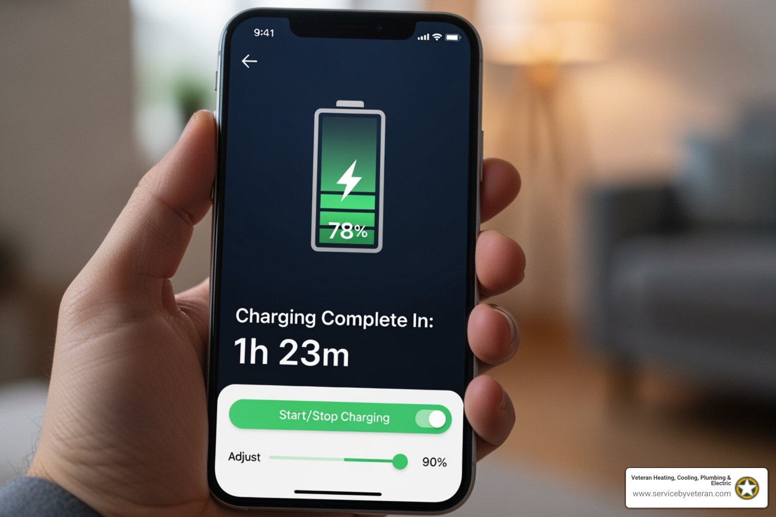 Smartphone app showing EV charging status - residential ev charger Smartphone app showing EV charging status - residential ev charger