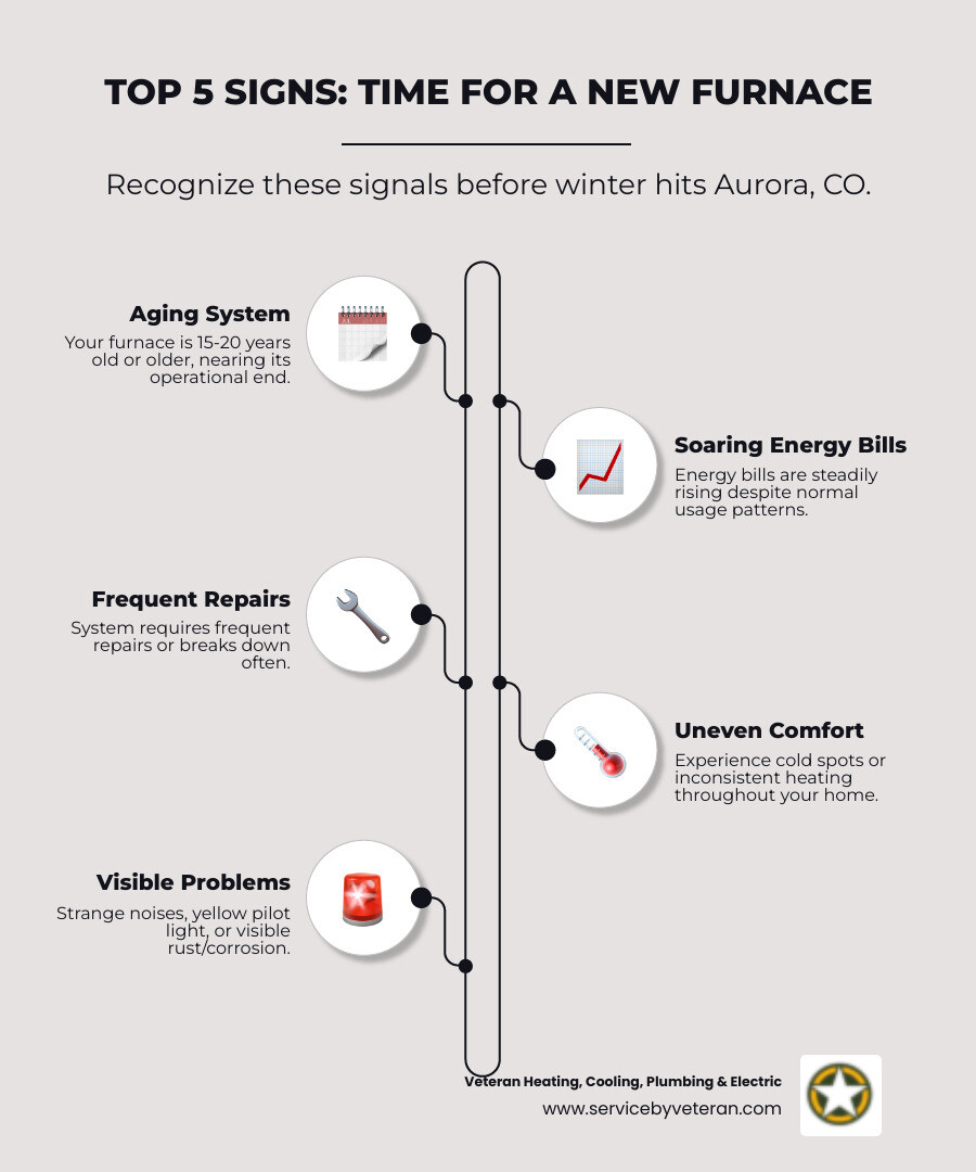 Infographic showing the top 5 signs it's time for a new furnace: 1) Your furnace is 15-20 years old or older, 2) Energy bills have been steadily rising despite normal usage, 3) Frequent repairs are needed or the system breaks down often, 4) Cold spots or uneven heating throughout your home, 5) Strange noises, yellow pilot light, or visible rust and corrosion on the unit - furnace installation aurora co infographic infographic-line-5-steps-elegant_beige