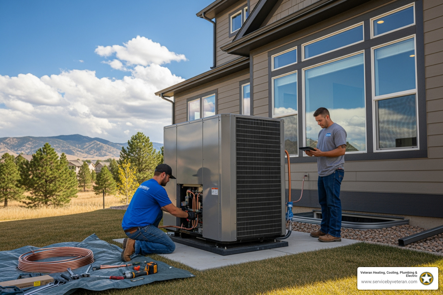 Infographic showing heat pump operation: In winter, a heat pump extracts heat from outdoor air using refrigerant and transfers it indoors through a compressor and heat exchanger. In summer, the process reverses, removing heat from indoor air and releasing it outside. Unlike furnaces that burn fuel to create heat, heat pumps simply move existing heat, using up to 50% less energy. The diagram shows outdoor unit, indoor air handler, refrigerant lines, and the reversing valve that changes between heating and cooling modes. - heat pump installation in arvada, co