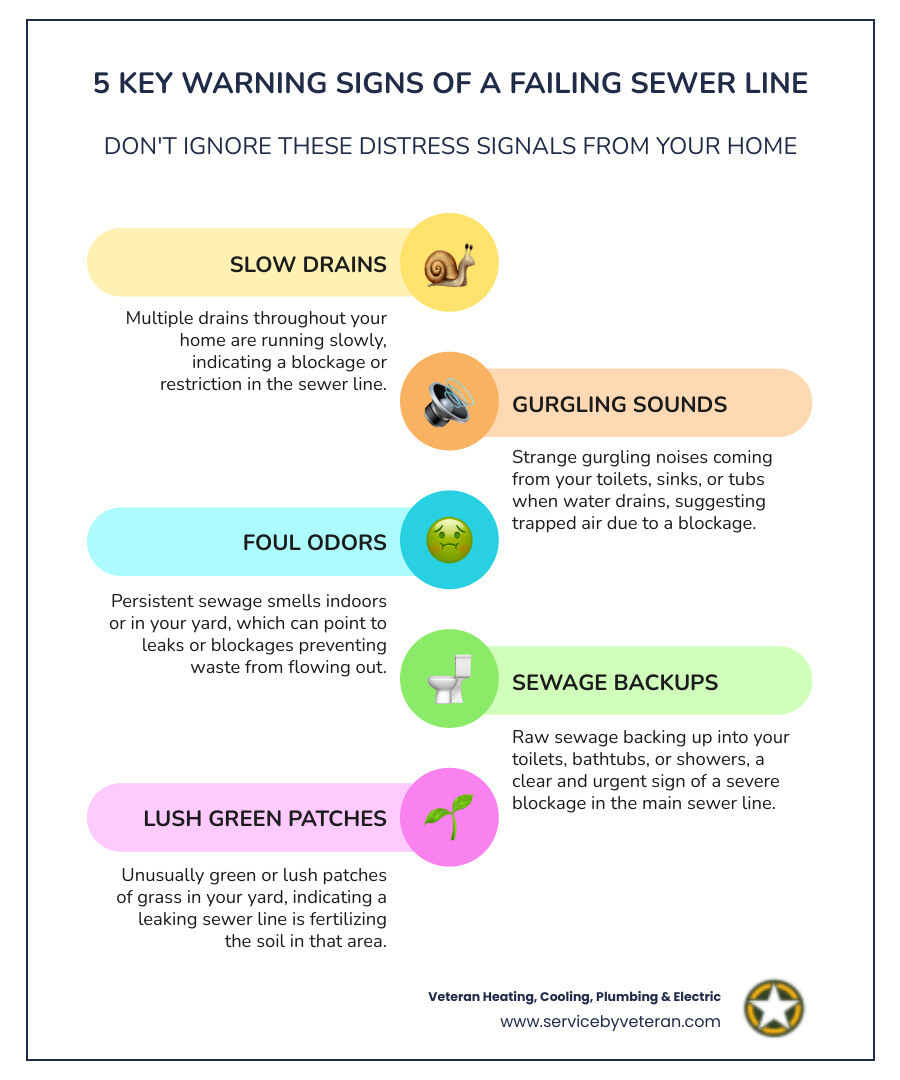 Infographic showing the 5 key warning signs of a failing sewer line: 1) Multiple slow drains throughout the home, 2) Gurgling sounds from toilets or drains, 3) Persistent sewage odors indoors or in the yard, 4) Sewage backups in toilets or bathtubs, 5) Unusually lush green patches in the lawn indicating a leak - sewer line repair in denver, co infographic infographic-line-5-steps-colors