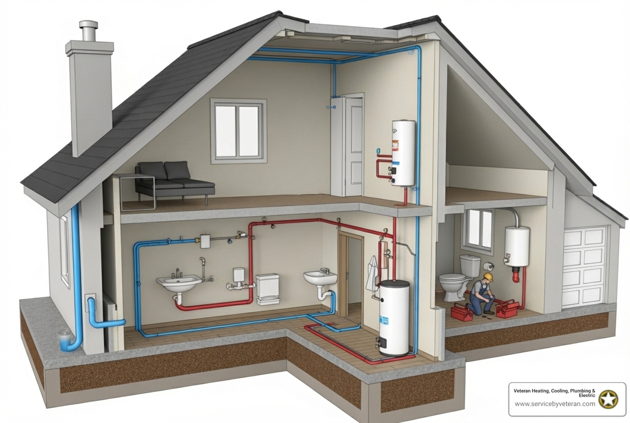 Infographic showing common leak points in a Denver home plumbing system, from the city water main through the service line, into the home's foundation, through walls and floors to fixtures like sinks, toilets, and water heaters, with icons indicating typical leak locations at pipe joints, under slabs, behind walls, and at appliance connections - leak detection in denver, co