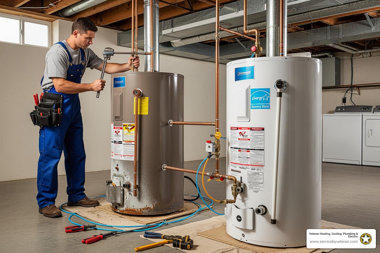 infographic showing comparison of tank water heater vs tankless water heater vs hybrid electric water heater including lifespan, energy efficiency, space requirements, and ideal household size - water heater replacement in denver, co