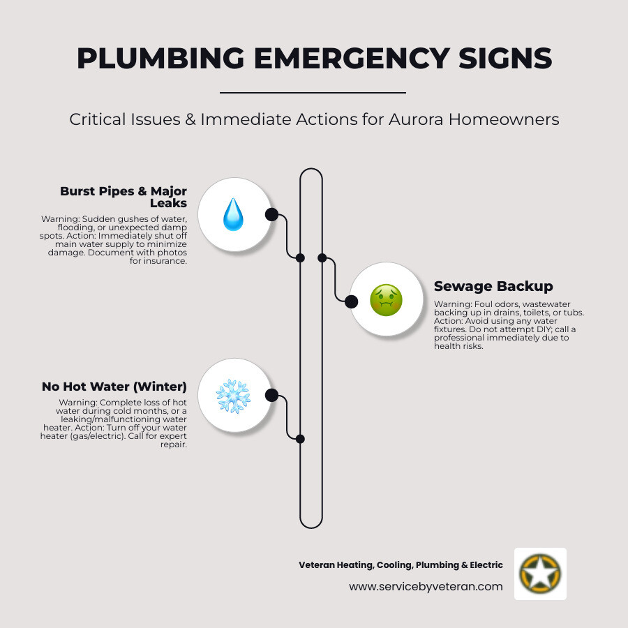 Infographic showing the three critical signs of a plumbing emergency: 1) Major leaks or burst pipes causing flooding, 2) Sewage backup creating unsanitary conditions, and 3) Complete loss of water or hot water in winter. Each section includes warning signs to watch for and immediate actions to take before the plumber arrives. - emergency plumbing aurora co infographic infographic-line-3-steps-elegant_beige