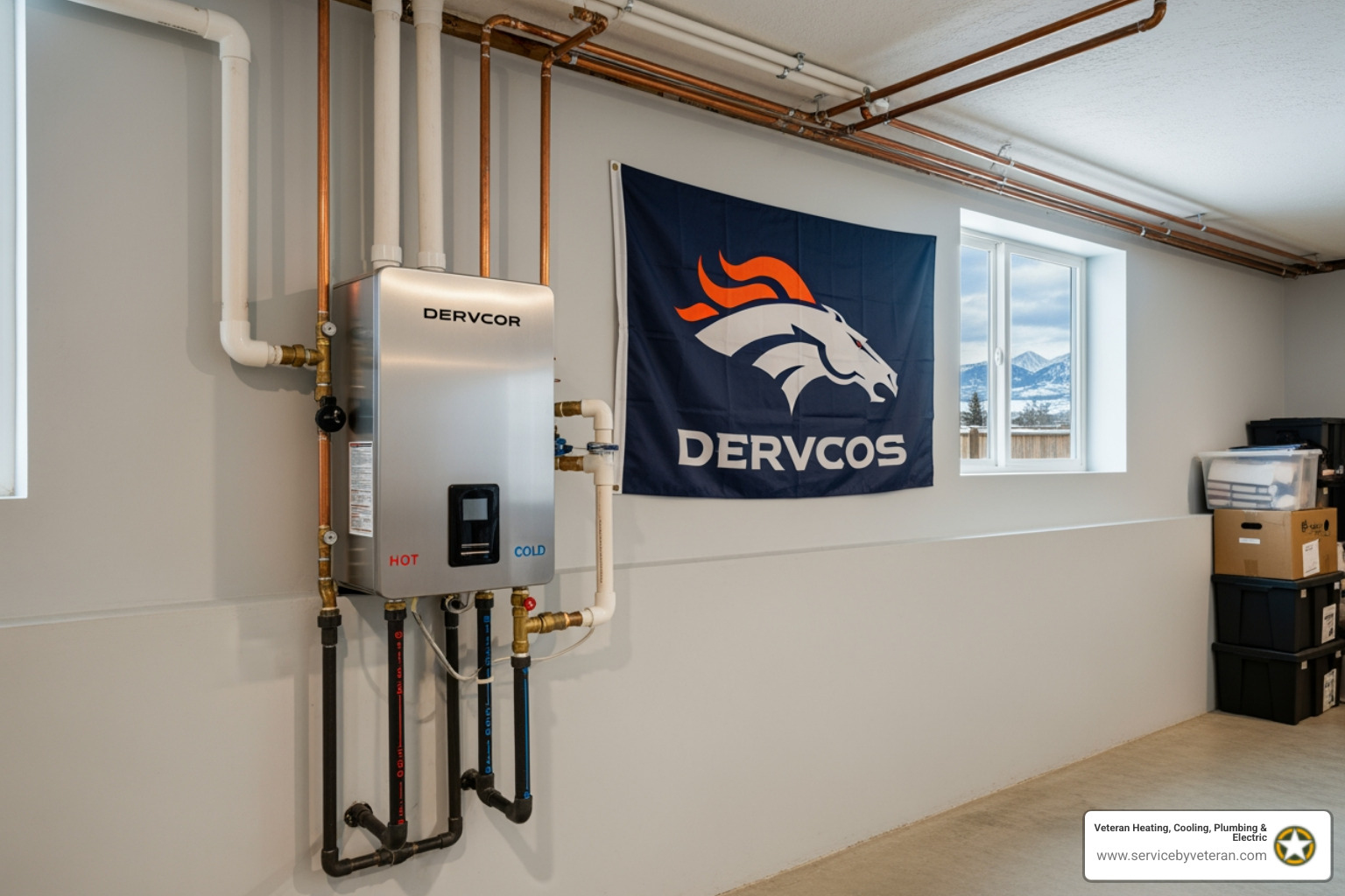 infographic comparing traditional tank water heater with 30-60 gallon storage tank constantly reheating water versus tankless water heater heating water on-demand as it flows through heat exchanger, showing energy savings and continuous supply benefits - tankless water heater denver co