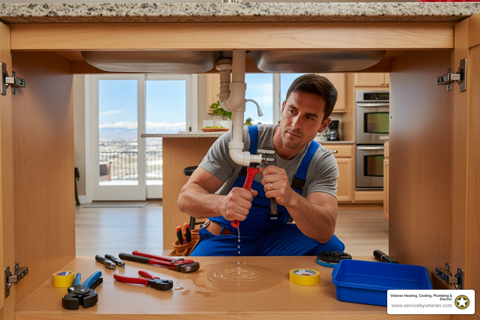 Infographic showing the most common residential plumbing issues in Denver, CO, including hard water scale buildup in pipes and fixtures, clogged drains from grease and debris, running or leaking toilets, water heater malfunctions due to altitude and mineral deposits, frozen or burst pipes during winter freeze-thaw cycles, sewer line damage from expansive clay soil and tree roots, low water pressure from aging galvanized pipes, and leaky faucets or fixtures requiring repair or replacement - residential plumber denver co