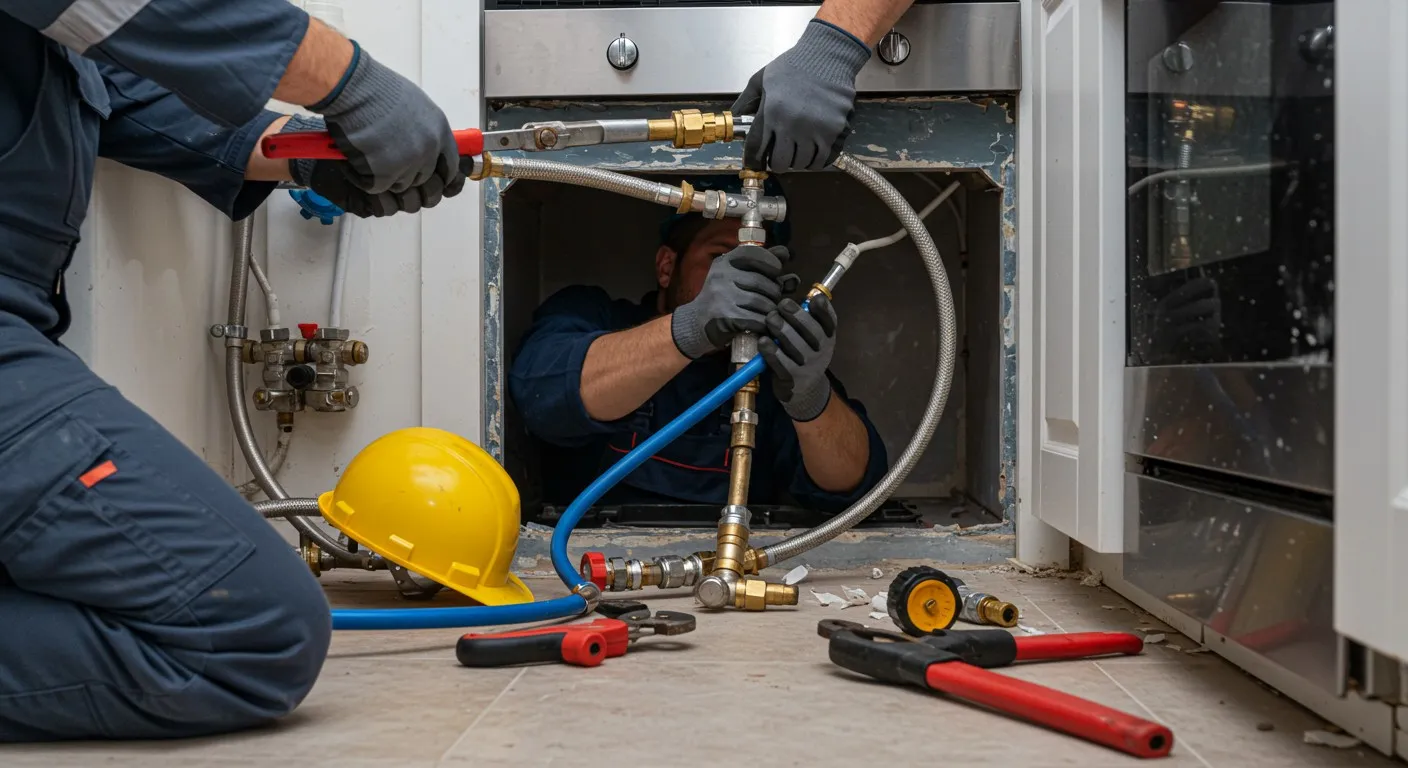 Plumbers installing gas pipe under kitchen.