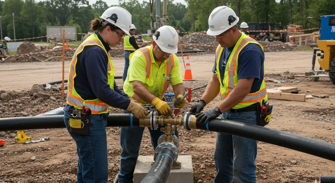 Plumbers installing flexible supply lines.