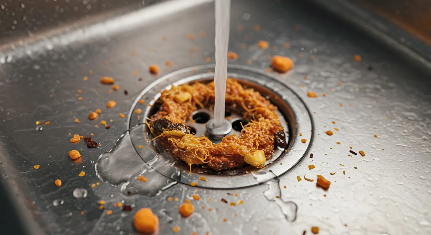 Food debris circling a running drain.