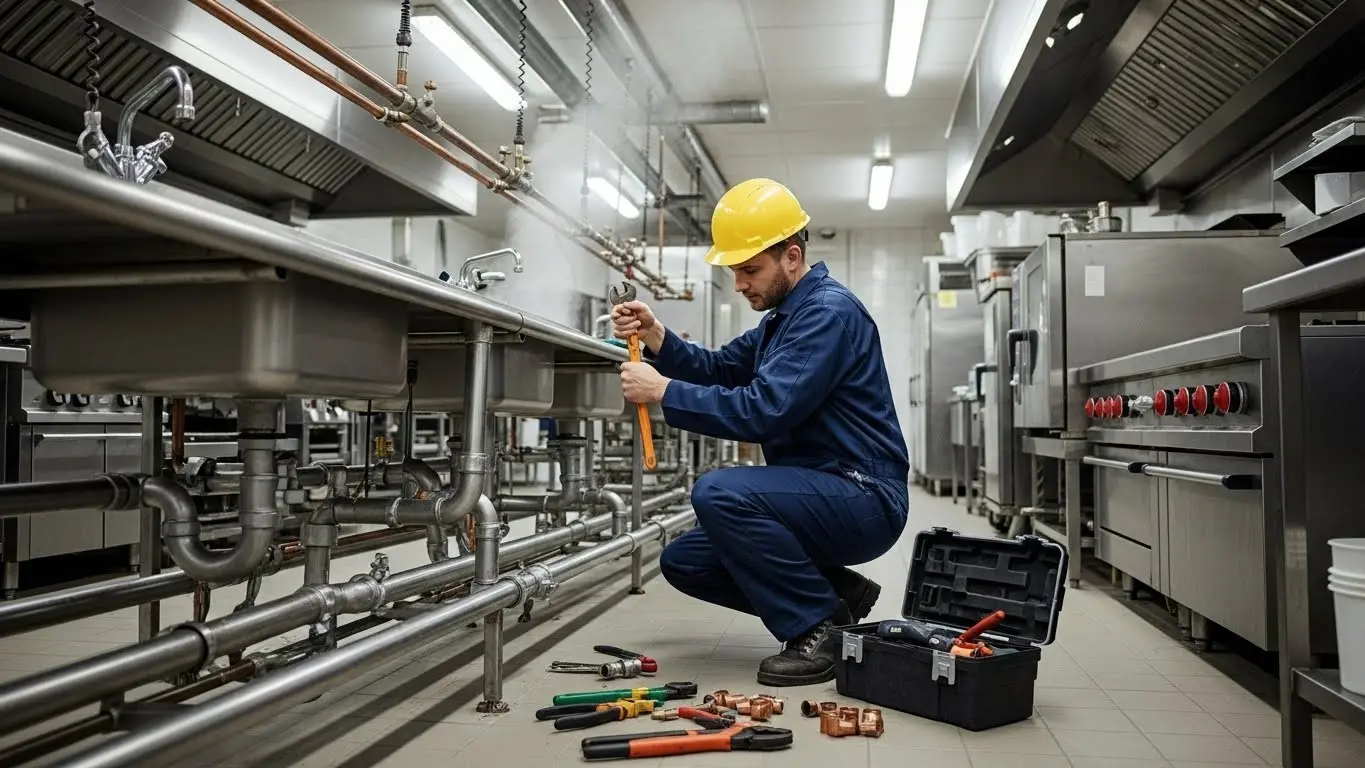 Plumber tightening pipes under kitchen sink.