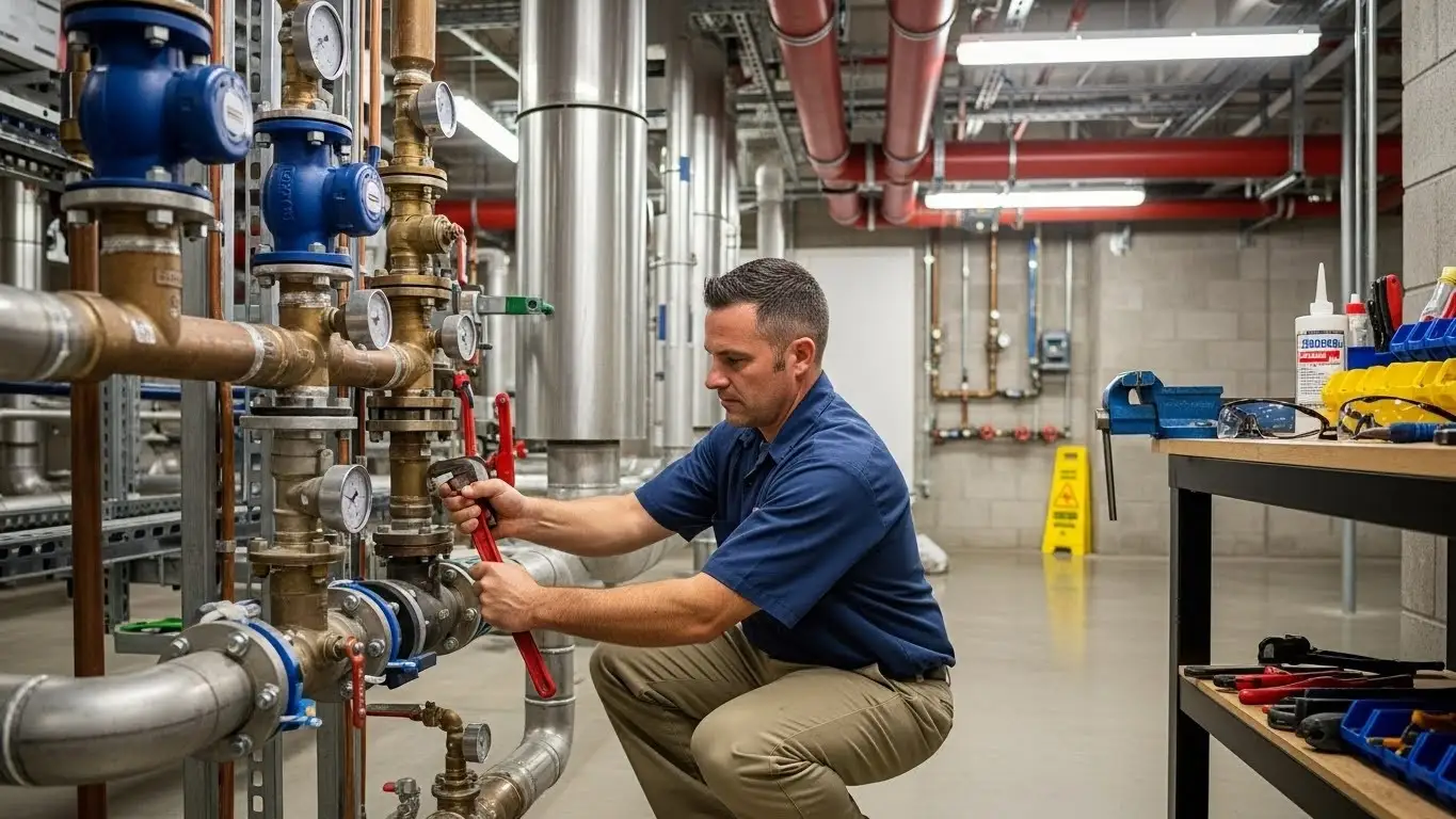 Plumber tightening valves in utility room.