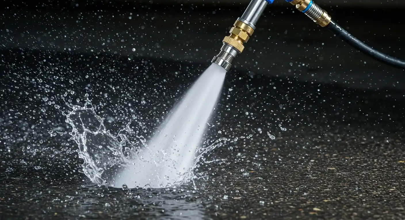High-pressure water nozzle spraying dark pavement.