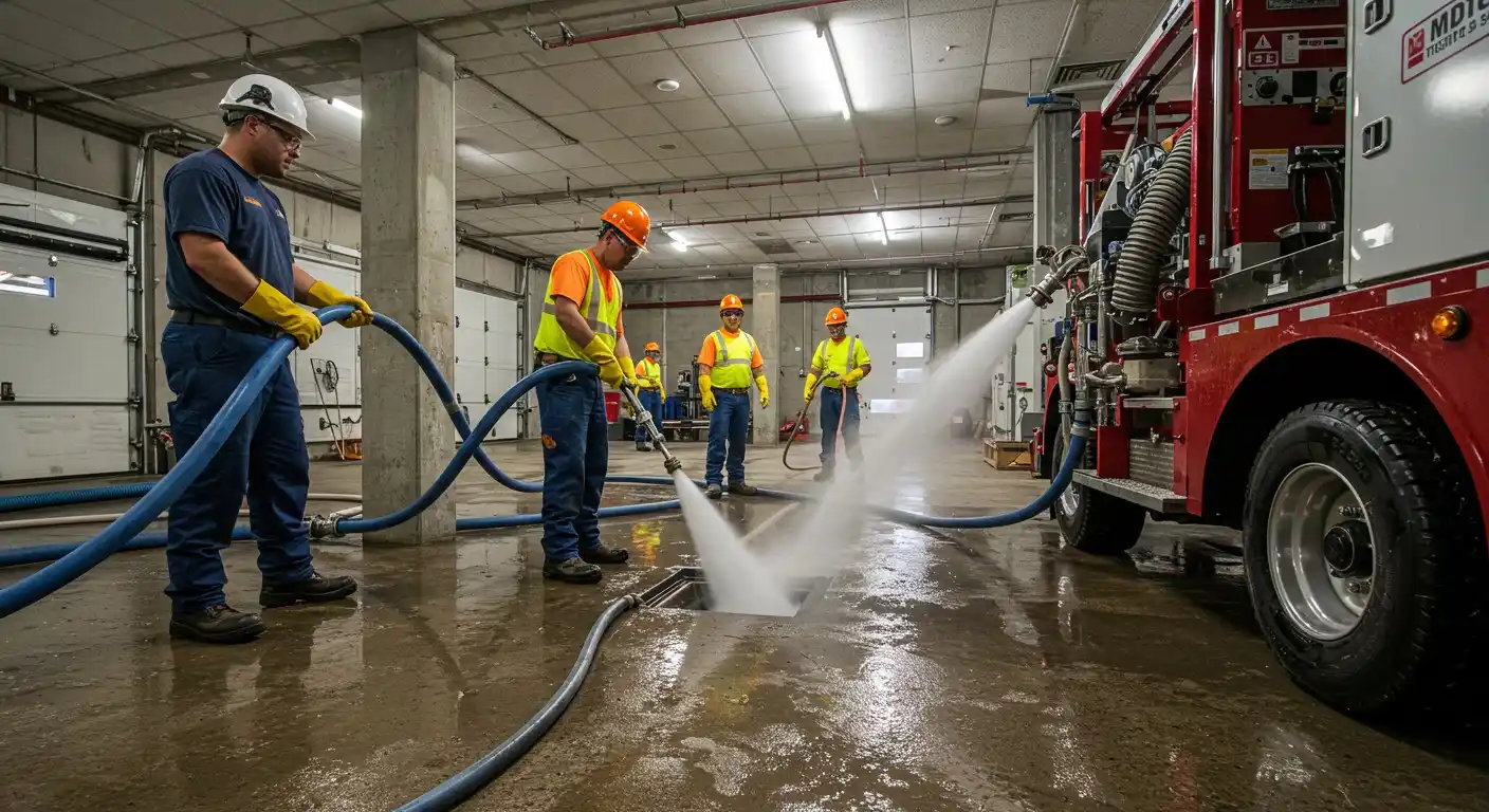 Workers jetting floor drain inside garage.