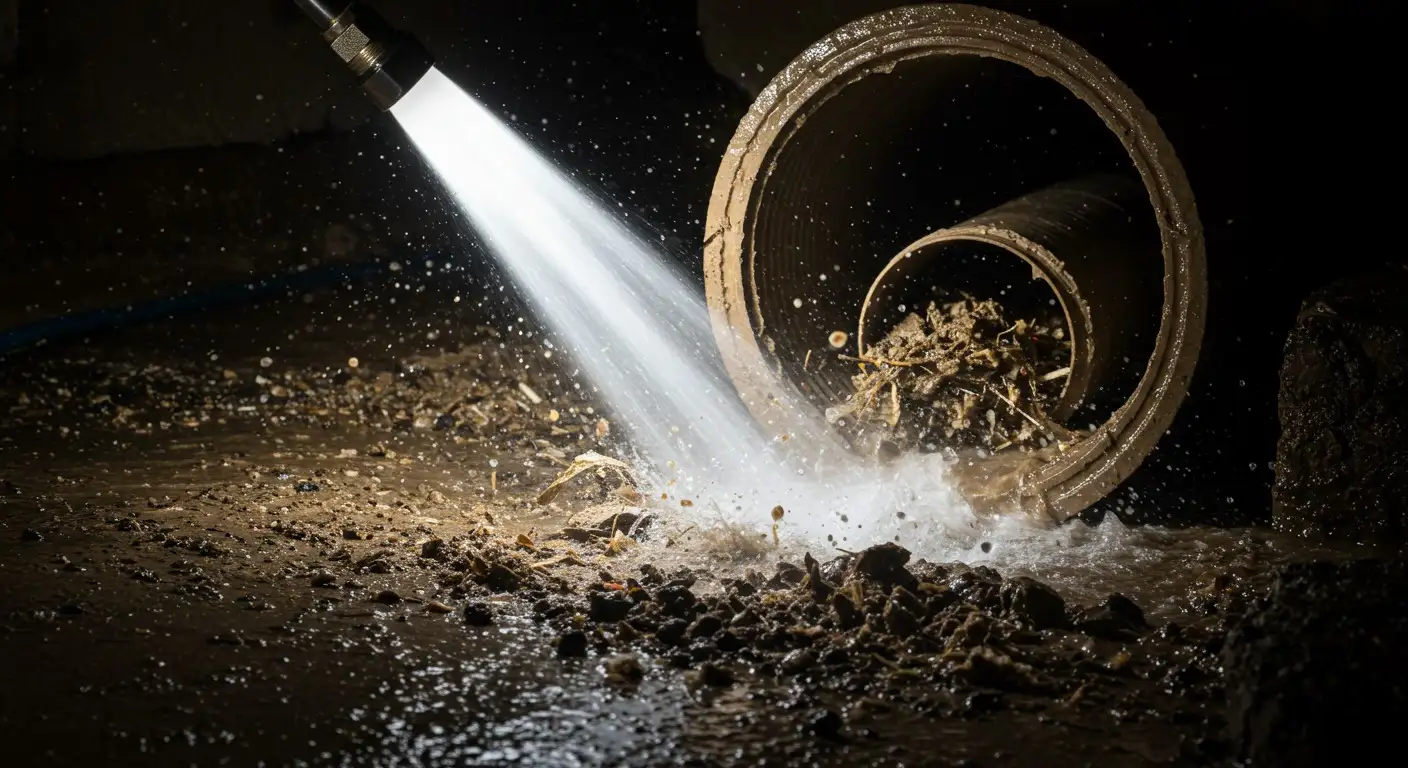 High-pressure stream clearing mud from pipes.