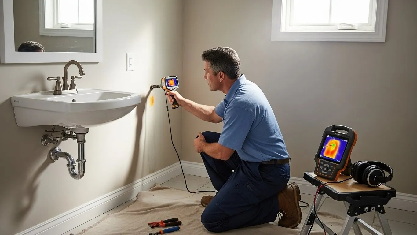 Technician using thermal camera in bathroom.