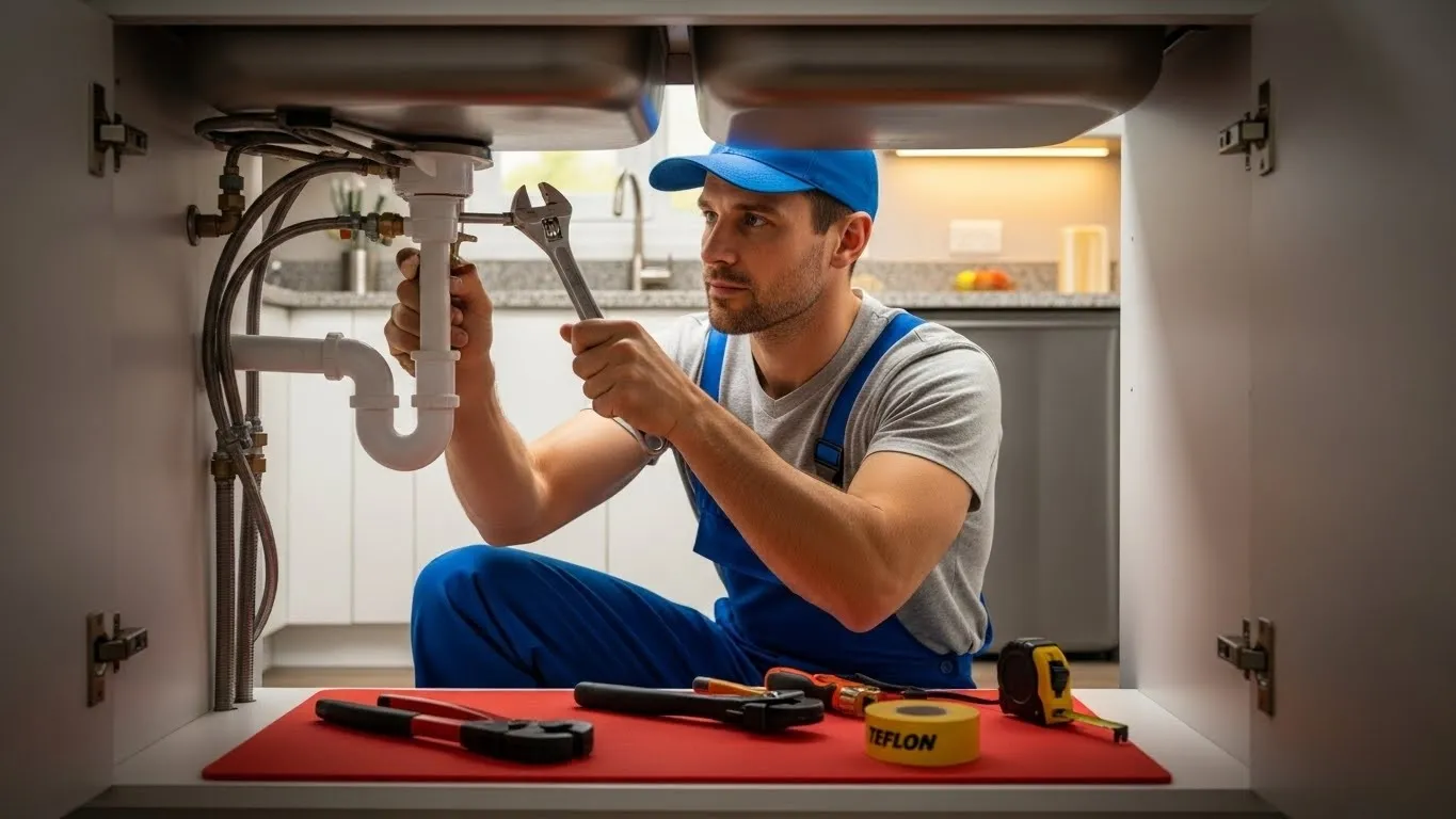 Focused plumber tightening pipes under sink.