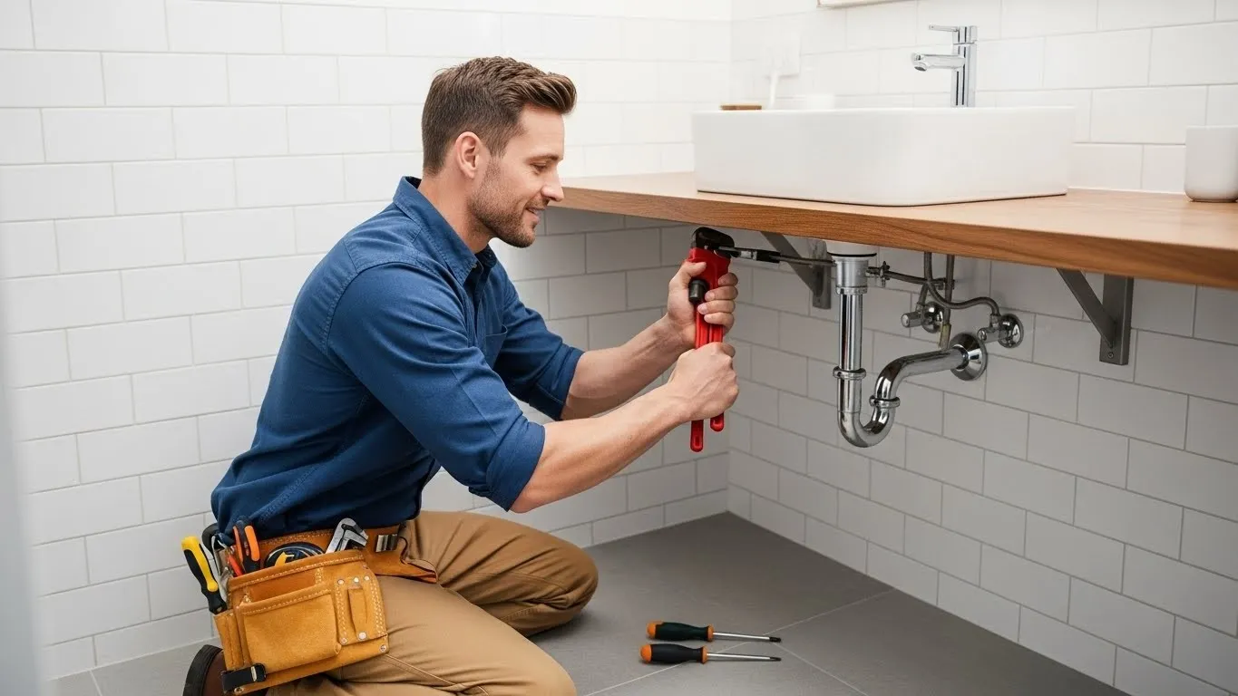 Plumber kneeling while repairing bathroom pipes.