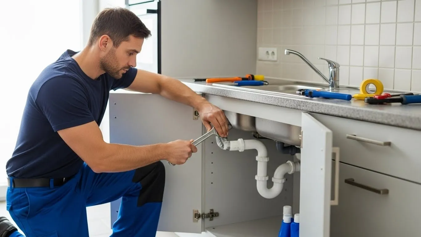 Plumber working on pipes under sink.