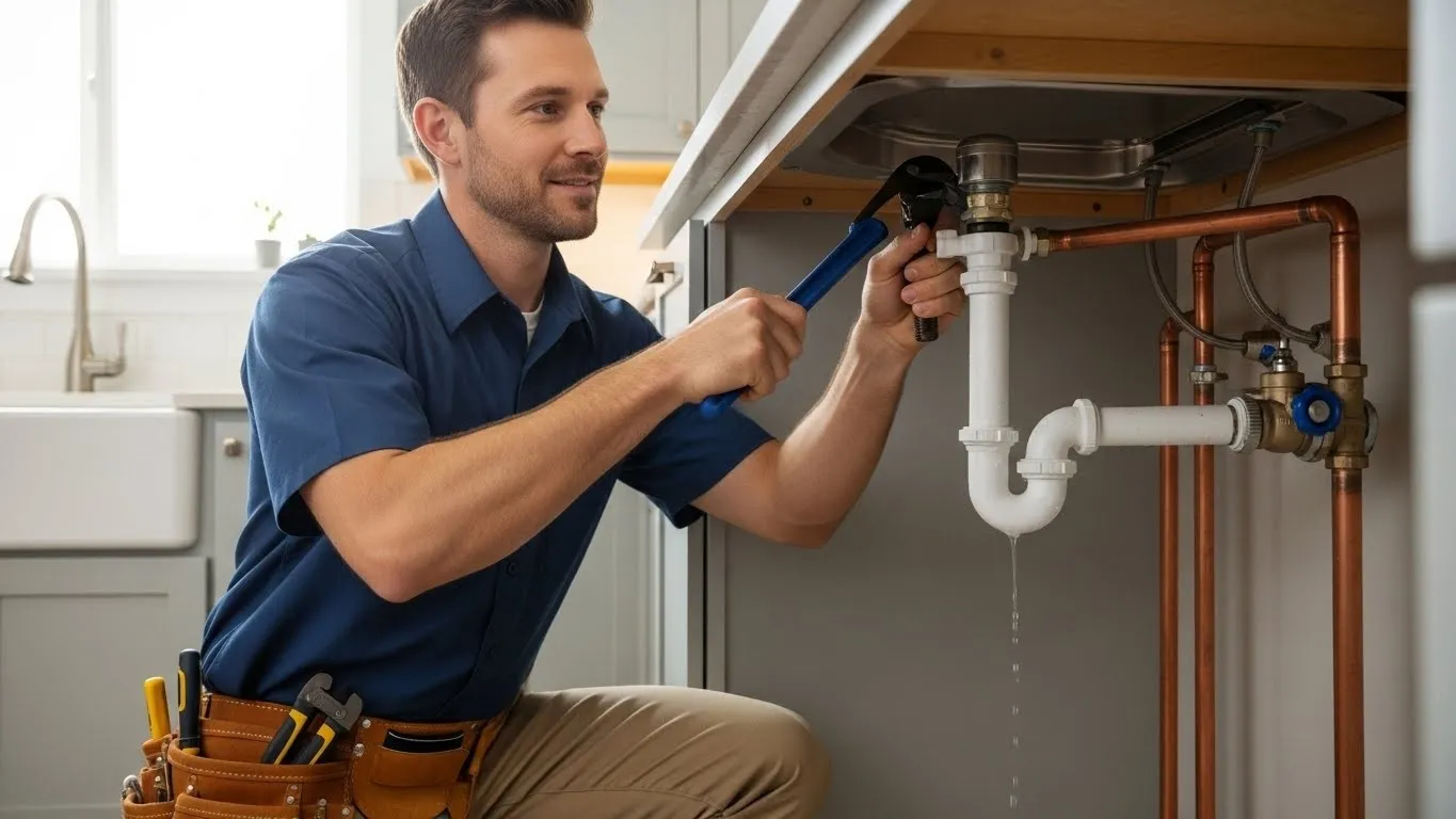 Plumber using blue wrench on pipes.