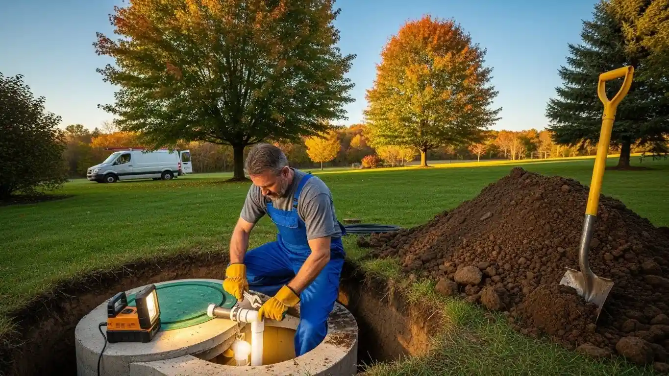 Plumber repairing a residential septic system.