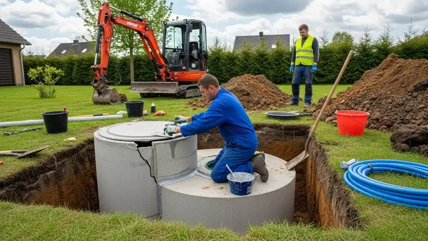 Workers installing large concrete septic tank.