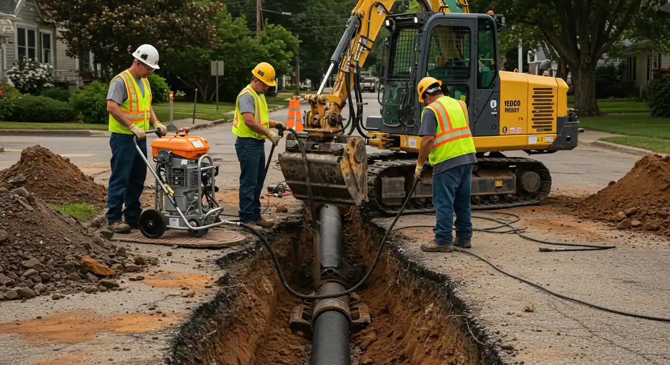 Workers installing underground pipe in trench.