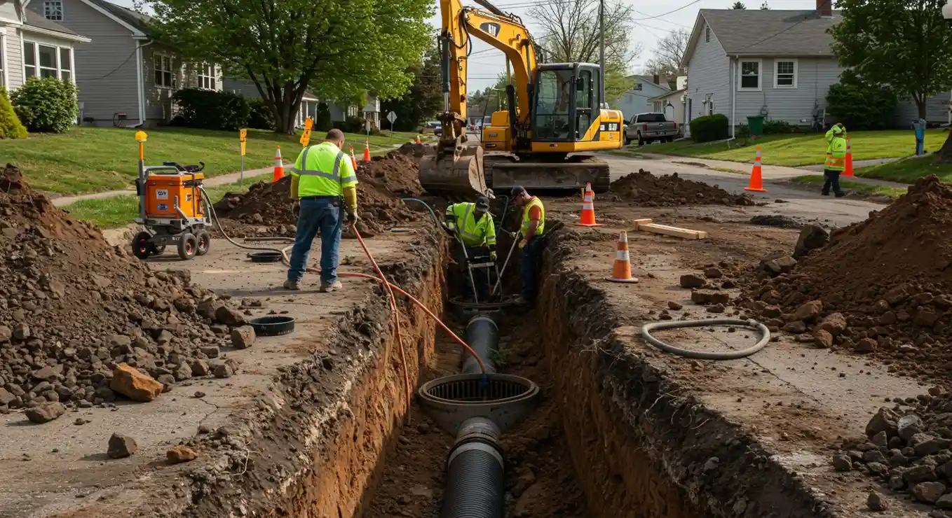 Excavator and workers digging utility trench.